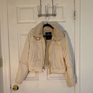 Hollister Cream Teddy Jacket with Faux Fur Collar
